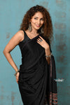 Handloom Modal Silk Saree With Ajrakh Handblock Print With Eco-Friendly Vegetable Dye ~ Serene Black - verymuchindian.com