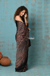 Handloom Modal Silk Saree With Ajrakh Handblock Print With Eco-Friendly Vegetable Dye ~ Serene Black - verymuchindian.com