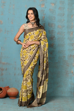 Handloom Modal Silk Saree With Ajrakh Handblock Print With Eco-Friendly Vegetable Dye ~ Yellow - verymuchindian.com