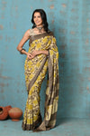 Handloom Modal Silk Saree With Ajrakh Handblock Print With Eco-Friendly Vegetable Dye ~ Yellow - verymuchindian.com