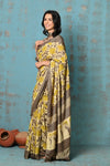Handloom Modal Silk Saree With Ajrakh Handblock Print With Eco-Friendly Vegetable Dye ~ Yellow - verymuchindian.com
