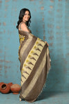 Handloom Modal Silk Saree With Ajrakh Handblock Print With Eco-Friendly Vegetable Dye ~ Yellow - verymuchindian.com