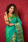 Handloom Pure Silk Maharani Paithani Saree with Traditional Maharani Pallu ~ Turquoise (By Government Certified Weavers) - verymuchindian.com