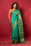 Handloom Pure Silk Maharani Paithani Saree with Traditional Maharani Pallu ~ Turquoise (By Government Certified Weavers) - verymuchindian.com