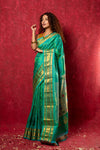 Handloom Pure Silk Maharani Paithani Saree with Traditional Maharani Pallu ~ Turquoise (By Government Certified Weavers) - verymuchindian.com