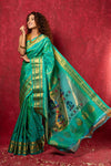 Handloom Pure Silk Maharani Paithani Saree with Traditional Maharani Pallu ~ Turquoise (By Government Certified Weavers) - verymuchindian.com