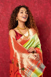 Handloom Pure Silk Muniya Border Paithani Saree with Traditional Peacock Parrot Pallu ~ Lime Green - verymuchindian.com