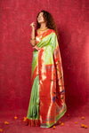 Handloom Pure Silk Muniya Border Paithani Saree with Traditional Peacock Parrot Pallu ~ Lime Green - verymuchindian.com
