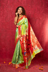 Handloom Pure Silk Muniya Border Paithani Saree with Traditional Peacock Parrot Pallu ~ Lime Green - verymuchindian.com