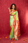 Handloom Pure Silk Muniya Border Paithani Saree with Traditional Peacock Parrot Pallu ~ Lime Green - verymuchindian.com