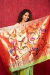 Handloom Pure Silk Muniya Border Paithani Saree with Traditional Peacock Parrot Pallu ~ Lime Green - verymuchindian.com