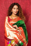 Handloom Pure Silk Muniya Border Paithani Saree with Traditional Radha Krishna Pallu ~ Royal Green - verymuchindian.com