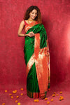 Handloom Pure Silk Muniya Border Paithani Saree with Traditional Radha Krishna Pallu ~ Royal Green - verymuchindian.com