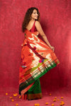 Handloom Pure Silk Muniya Border Paithani Saree with Traditional Radha Krishna Pallu ~ Royal Green - verymuchindian.com