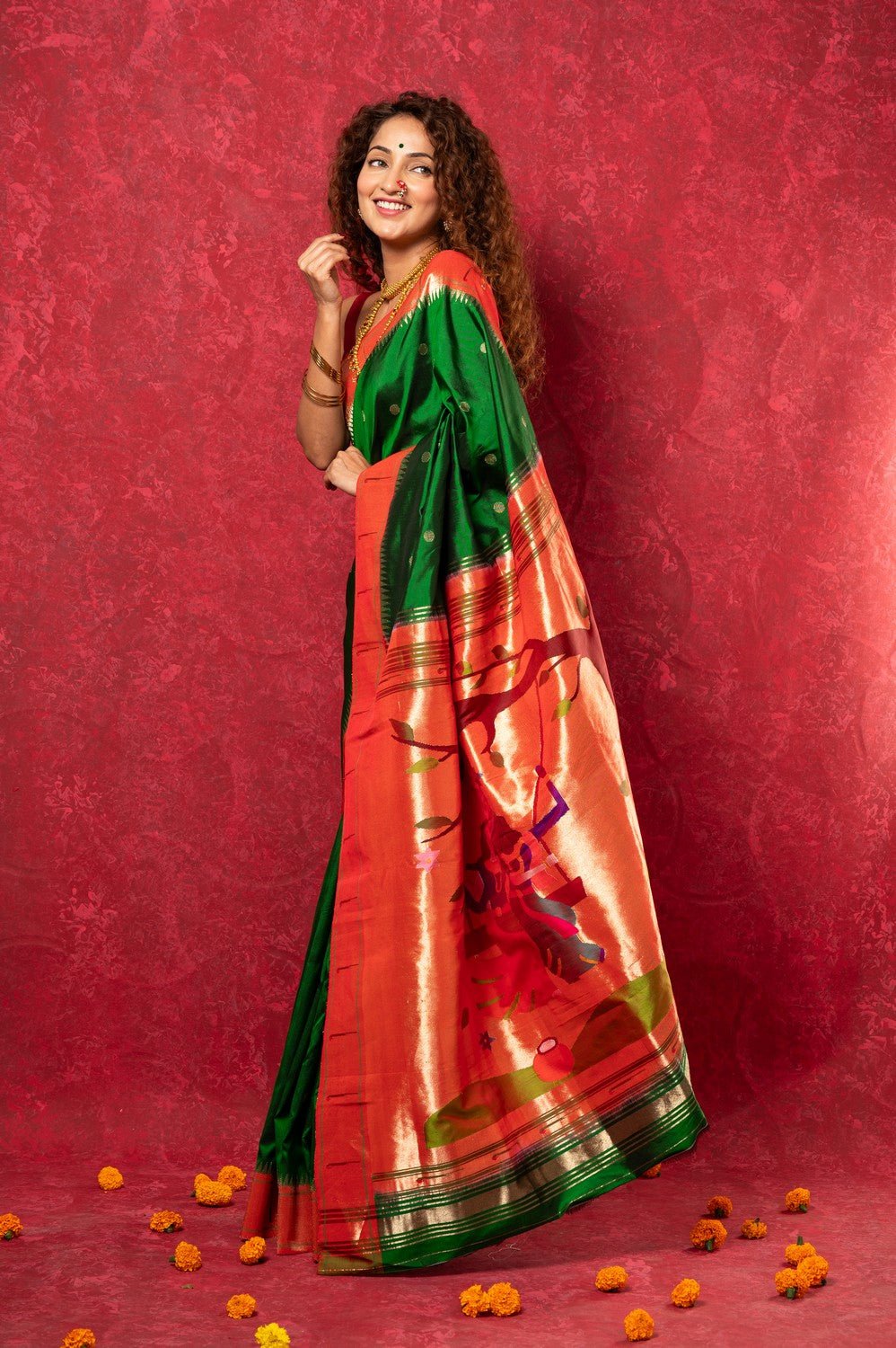 Handloom Pure Silk Muniya Border Paithani Saree with Traditional Radha Krishna Pallu ~ Royal Green - verymuchindian.com