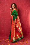 Handloom Pure Silk Muniya Border Paithani Saree with Traditional Radha Krishna Pallu ~ Royal Green - verymuchindian.com