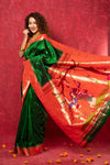 Handloom Pure Silk Muniya Border Paithani Saree with Traditional Radha Krishna Pallu ~ Royal Green - verymuchindian.com
