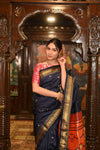 Handloom Pure Silk Paithani with Most Traditional Double Pallu in Dark Blue - verymuchindian.com