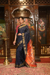 Handloom Pure Silk Paithani with Most Traditional Double Pallu in Dark Blue - verymuchindian.com
