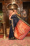 Handloom Pure Silk Paithani with Most Traditional Double Pallu in Dark Blue - verymuchindian.com