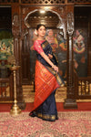 Handloom Pure Silk Paithani with Most Traditional Double Pallu in Dark Blue - verymuchindian.com