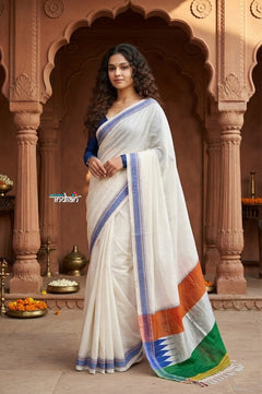 Independence Special! ~ Handloom Cotton Ilkal Saree with Tricolor Pallu in White - verymuchindian.com