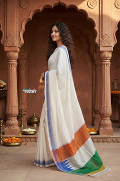Independence Special! ~ Handloom Cotton Ilkal Saree with Tricolor Pallu in White - verymuchindian.com