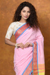 Jijamata Border Pure Cotton Paithani Saree With Traditional Double Pallu ~ Sunset Peach - verymuchindian.com