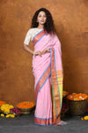 Jijamata Border Pure Cotton Paithani Saree With Traditional Double Pallu ~ Sunset Peach - verymuchindian.com