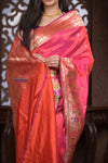 Kashi Exclusive ~ Handloom Banarasi Pure Katan Silk Paithani Saree with Lotus Border in Peach Pink (Silk Mark Certified) - verymuchindian.com