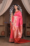 Kashi Exclusive ~ Handloom Banarasi Pure Katan Silk Paithani Saree with Lotus Border in Peach Pink (Silk Mark Certified) - verymuchindian.com