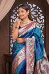 Kashi Exclusive ~ Handloom Banarasi Pure Silk Paithani Saree with Lotus Border in Azure Blue (Silk Mark Certified) - verymuchindian.com