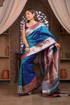 Kashi Exclusive ~ Handloom Banarasi Pure Silk Paithani Saree with Lotus Border in Azure Blue (Silk Mark Certified) - verymuchindian.com