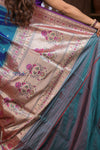 Kashi Exclusive ~ Handloom Banarasi Pure Silk Paithani Saree with Lotus Border in Azure Blue (Silk Mark Certified) - verymuchindian.com