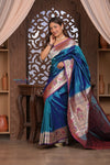 Kashi Exclusive ~ Handloom Banarasi Pure Silk Paithani Saree with Lotus Border in Azure Blue (Silk Mark Certified) - verymuchindian.com