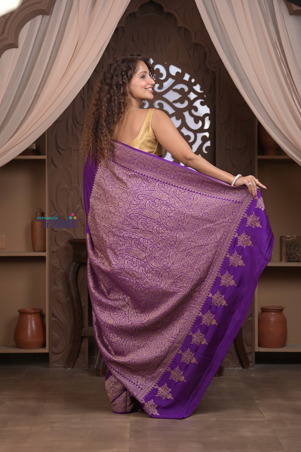 Kashi ~ Handloom Banarasi High Quality Crepe Pure Silk Saree in Purple (Silk Mark Certified) - verymuchindian.com