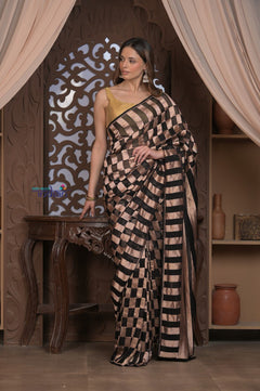 Kashi ~ Handloom Banarasi High Quality Khaddi Crepe Georgette HIgh Quality Silk Saree in Black and Gold (Silk Mark Certified) - verymuchindian.com