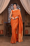 Kashi ~ Handloom Banarasi High Quality Khaddi Crepe Georgette HIgh Quality Silk Saree in Orange and Gold (Silk Mark Certified) - verymuchindian.com