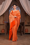 Kashi ~ Handloom Banarasi High Quality Khaddi Crepe Georgette HIgh Quality Silk Saree in Orange and Gold (Silk Mark Certified) - verymuchindian.com