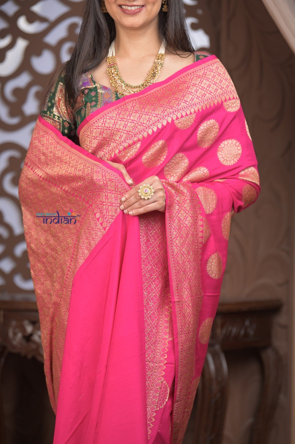 Kashi ~ Handloom Banarasi High Quality Khaddi Crepe Georgette Silk Saree in Pink (Silk Mark Certified) - verymuchindian.com