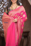 Kashi ~ Handloom Banarasi High Quality Khaddi Crepe Georgette Silk Saree in Pink (Silk Mark Certified) - verymuchindian.com