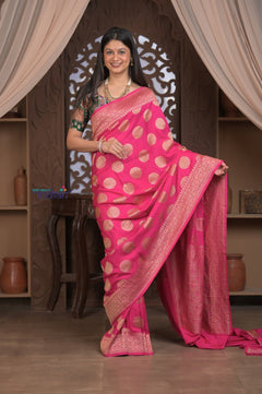 Kashi ~ Handloom Banarasi High Quality Khaddi Crepe Georgette Silk Saree in Pink (Silk Mark Certified) - verymuchindian.com