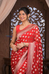 Kashi ~ Handloom Banarasi High Quality Khaddi Georgette Silk Saree in Red (Silk Mark Certified) - verymuchindian.com