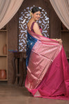 Kashi ~ Handloom Banarasi High Quality Pure Silk Saree in Dark Blue and Pink (Silk Mark Certified) - verymuchindian.com