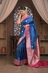 Kashi ~ Handloom Banarasi High Quality Pure Silk Saree in Dark Blue and Pink (Silk Mark Certified) - verymuchindian.com