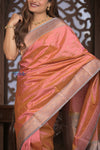Kashi ~ Handloom Banarasi High Quality Pure Silk Saree in Peach and Blue (Silk Mark Certified) - verymuchindian.com