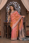 Kashi ~ Handloom Banarasi High Quality Pure Silk Saree in Peach and Blue (Silk Mark Certified) - verymuchindian.com