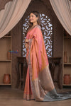 Kashi ~ Handloom Banarasi High Quality Pure Silk Saree in Peach and Blue (Silk Mark Certified) - verymuchindian.com