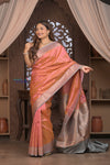 Kashi ~ Handloom Banarasi High Quality Pure Silk Saree in Peach and Blue (Silk Mark Certified) - verymuchindian.com