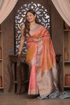 Kashi ~ Handloom Banarasi High Quality Pure Silk Saree in Peach and Blue (Silk Mark Certified) - verymuchindian.com